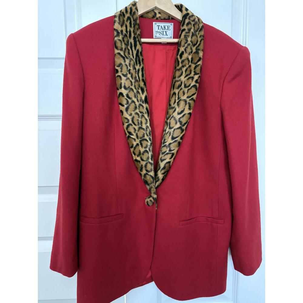 Vintage Red Take Six Wool Blazer with Leopard Trim size 10